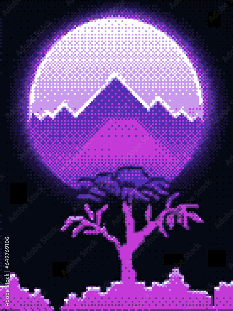 Aufkleber Synthwave retro background with palm trees and sun in pixel art style.