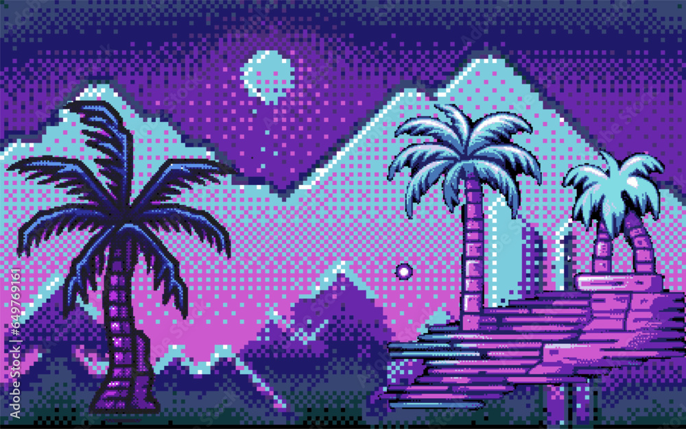 Aufkleber Synthwave retro background with palm trees and sun in pixel art style.