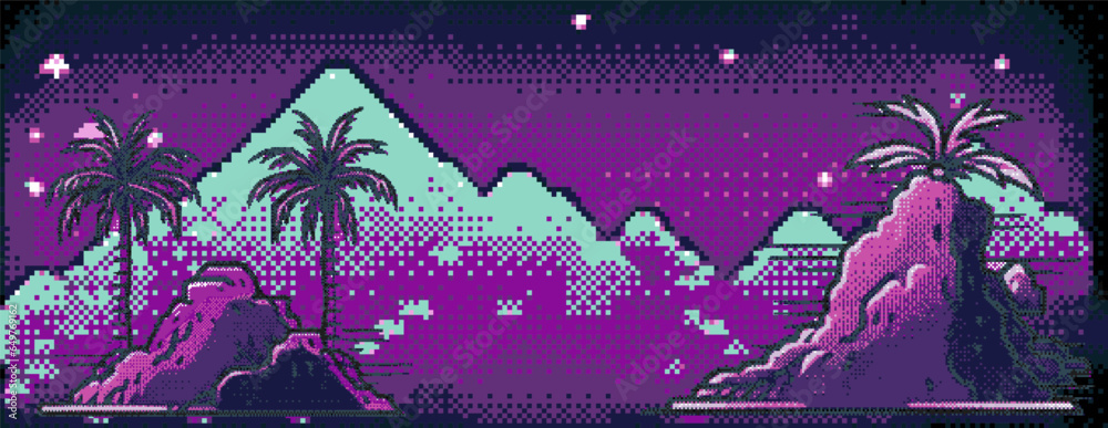 Aufkleber Synthwave retro background with palm trees and sun in pixel art style.