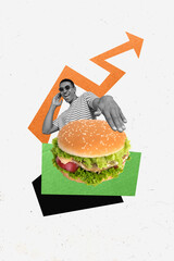 Vertical creative collage image of funny young man dj music party discotheque burger food restaurant arrow point cafe cheeseburger