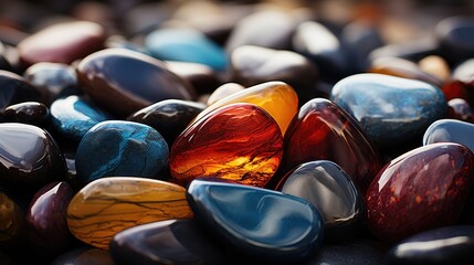 Bright crystals shining in the sun. Multi-colored stones and crystals. Precious magic stones. Generative AI.