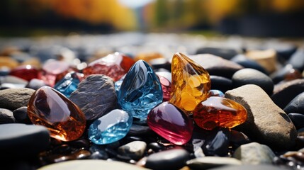 Bright crystals shining in the sun. Multi-colored stones and crystals. Precious magic stones. Generative AI.