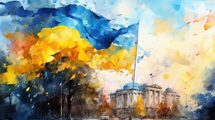 Blue and yellow flag on a cityscape background, watercolor style. Painting in watercolor style. Generative AI.