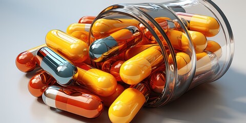 A jar of pills is on the table. Vitamins in capsules: beauty and health. Generative AI.