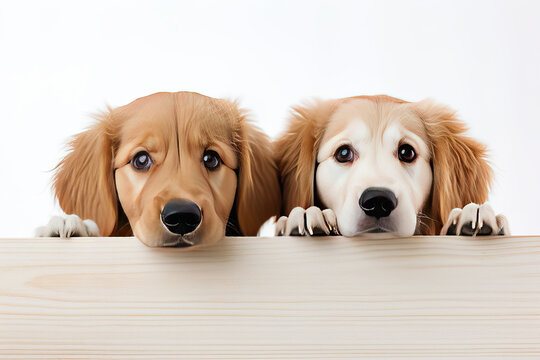 Two golden retriever puppies peek over a wooden board or fence on a white background. Banner layout for a pet store or veterinary clinic.