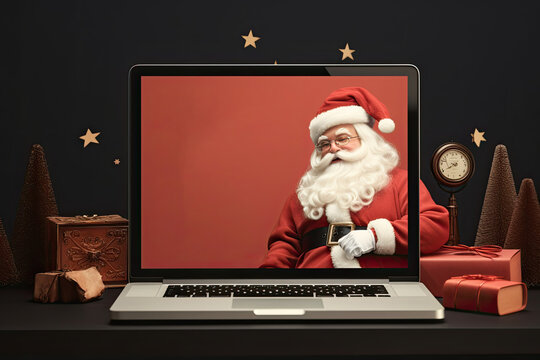Classic Santa Claus on a laptop screen standing on a table with gifts boxes on a black background. Empty space for product placement or advertising text.