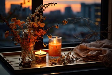 Burning Candles in the Style of Autumnal Season over a Blurred Background.