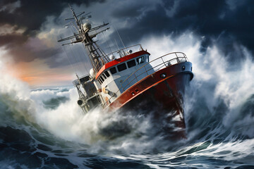 A cargo or fishing ship is caught in a severe storm. Ship at sea on big waves. The threat of shipwreck. Element in the ocean. The hard work of a sailor.