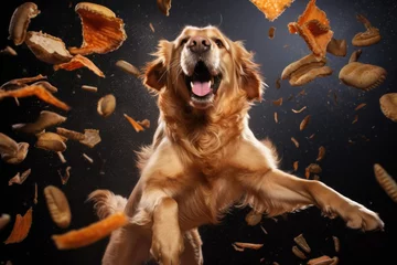 Fotobehang A golden retriever dog in a jump tries to catch flying treats on a dark background. Banner concept for pet store or veterinary clinic. © OleksandrZastrozhnov