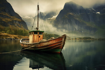 A fishing boat is moored in a sea bay or lake on a fjord background. - obrazy, fototapety, plakaty