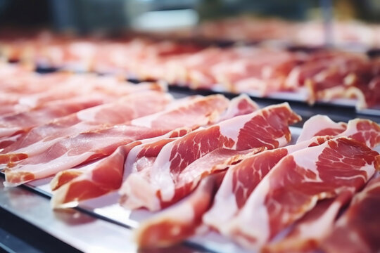 Meat processing plant. Slices of fresh bacon and mint slices on a conveyor belt in the workshop. Arrival of jamon or cold cuts. Production of pork or beef in a modern enterprise.