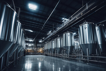 Fermentation mash vats or boiler tanks in a brewery factory. Brewery plant interior. Factory for the production of beer. Modern production of draft drinks. Selective focus. - obrazy, fototapety, plakaty