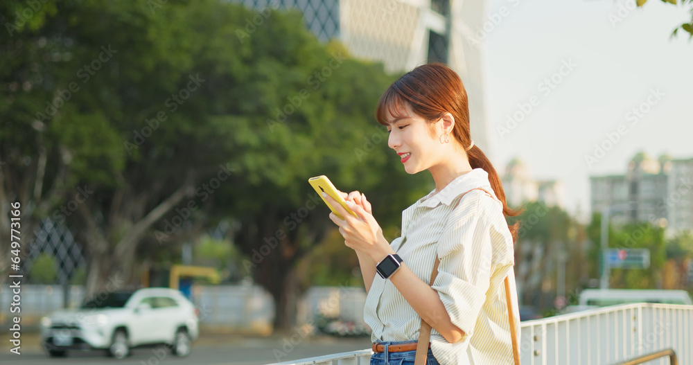 Poster woman walk on platform