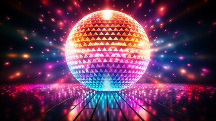 Discokugel mit Discolichtern in Neonfarben. Querformat. Generative Ai.