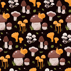 Vector seamless pattern with cute forest mushroom characters on a dark background - 649773901