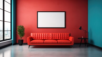 Interior waiting room mockup with sofa and frame 3D render.