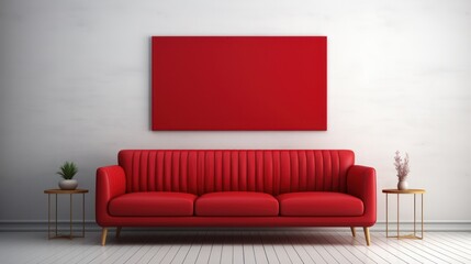 Interior waiting room mockup with sofa and frame 3D render.