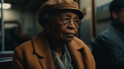 Fictitious elderly black woman on the metro AI generative