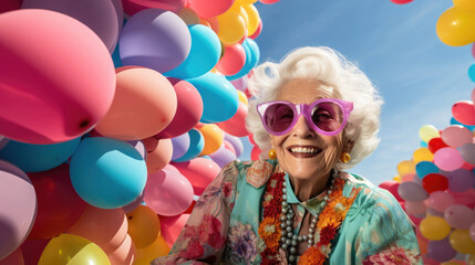 attractive bright senior woman celebrating her centenary. - obrazy, fototapety, plakaty