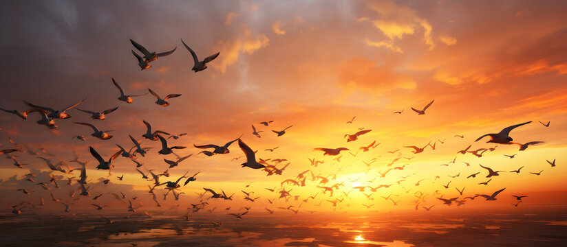 Panorama swirl murmuring  silhouette of birds against the sunset.AI generated.