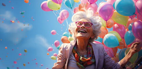 attractive bright senior woman celebrating her centenary. - obrazy, fototapety, plakaty