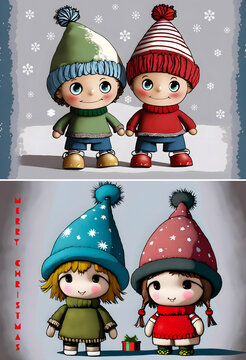 Two cute Children in Winter and Christmas time, set of 2, illustration