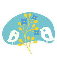 Two birds and a twig with flowers on a blue background, vector