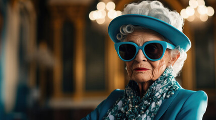 attractive bright elderly woman in an elegant hat celebrating her centenary. - obrazy, fototapety, plakaty