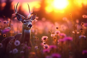 Fotobehang beautiful colorful meadow of wild flowers floral background, landscape with white flowers and a deer with sunset and blurred background © JAYDESIGNZ
