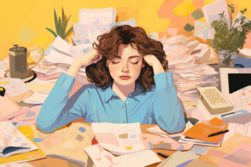  illustration of a young woman/student looking tired/exhausted/overworked in office work place surrounded by piles of documents burned out depressed hand drawn digital art color block