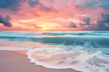 Fototapeta na wymiar Amazing Ocean View during the Sunrise, Empty Beach, Cloudy.