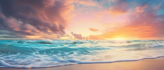 Obraz premium Amazing Ocean View during the Sunrise, Empty Beach, Cloudy.