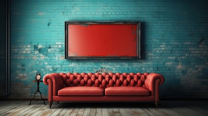 Interior waiting room mockup with sofa and frame 3D render.