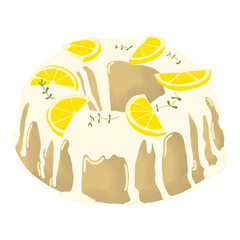 A lemon cake with glazed and lemon on top. 