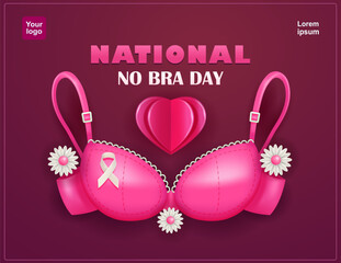 No Bra Day. A pink bra with floral elements, ribbon and heart-shaped paper. Breast cancer awareness. 3d vector. Suitable for breast health