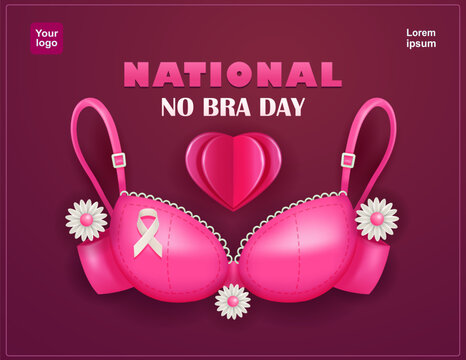No Bra Day. A pink bra with floral elements, ribbon and heart-shaped paper. Breast cancer awareness. 3d vector. Suitable for breast health