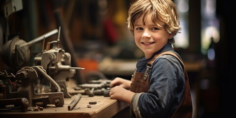 Fototapeta premium A young craftsman, just ten years old, has gathered in his workshop where wonders come to life.