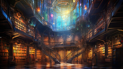 Colorful Beautiful library architecture with giant bookshelves, epic interior luxury design for architecture lovers. 