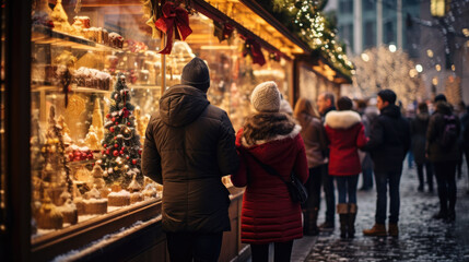 People walk through a Christmas market in winter