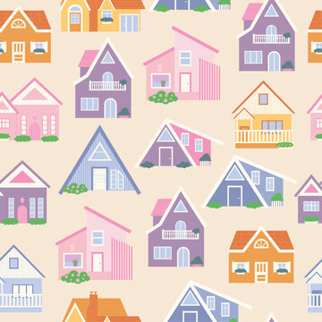 Vector seamless pattern with houses  Seamless pattern with town houses. Vector background with cartoon town. Architecture. House design. 