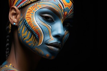 Close-Up Portrait of a Woman with Facepaint Make-Up. Colorful Bodypainting Art. Generative AI.