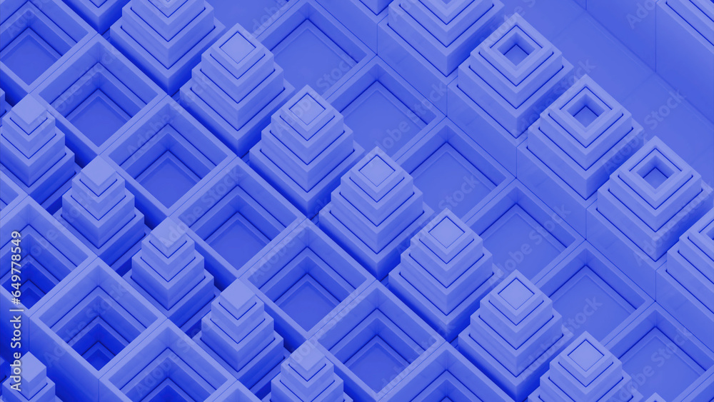 Poster abstract kaleidoscopic background with moving 3d squares forming pyramids. design. rows of up and do