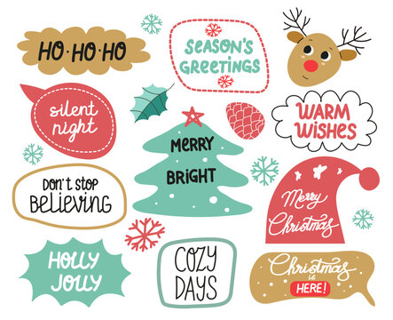 Christmas stickers set. Winter festive quotes. Cute holiday badges, lettering, doodle quotes, stickers. Vector illustration.