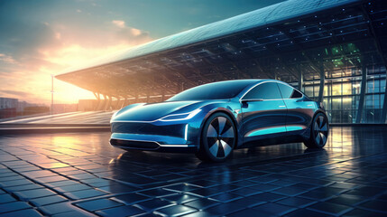 Electric Car with Solar Panel Roof A Futuristic Auto Technology - obrazy, fototapety, plakaty