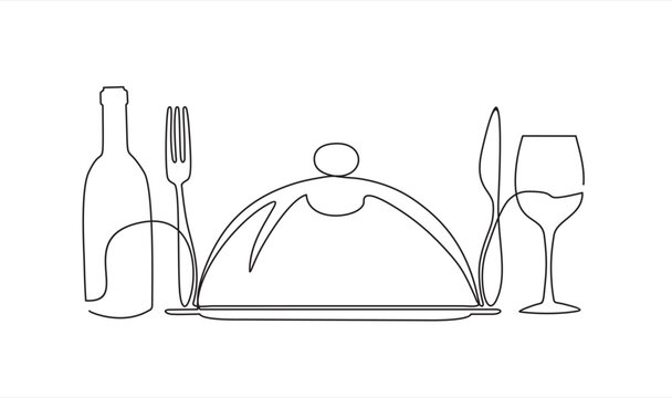 Continuous one single line drawing of fork, knife, bottle of wine, glass and metal cover. Menu food design. Illustration with quote template. Can used for menu restaurant sketch