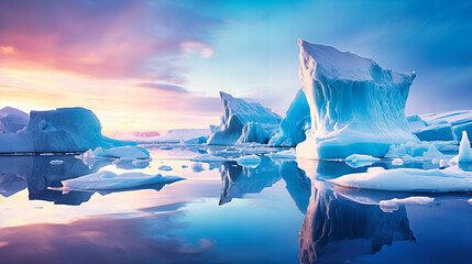 Reflective Icebergs Floating on Sapphire Oceans, - obrazy, fototapety, plakaty