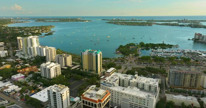 Aerial view of Sarasota city downtown with high-rise office buildings and Ringling Bridge horizon. Real estate development in Florida. USA travel destination