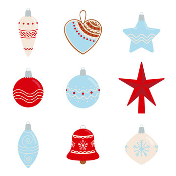 Set of christmas decorations. Vectors illustrations of balls and stars in white, blue and red tones for stickers, cards, illustrations...