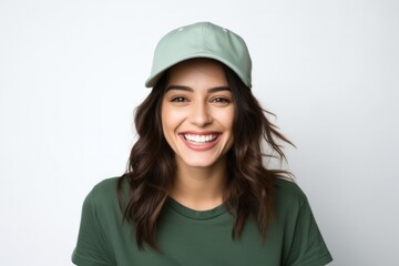 Naklejka premium Cheerful woman with green beanie smiling in studio portrait