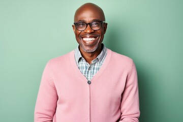 Fototapeta premium Cheerful adult wearing casual clothing smiles confidently in front view portrait on colored background